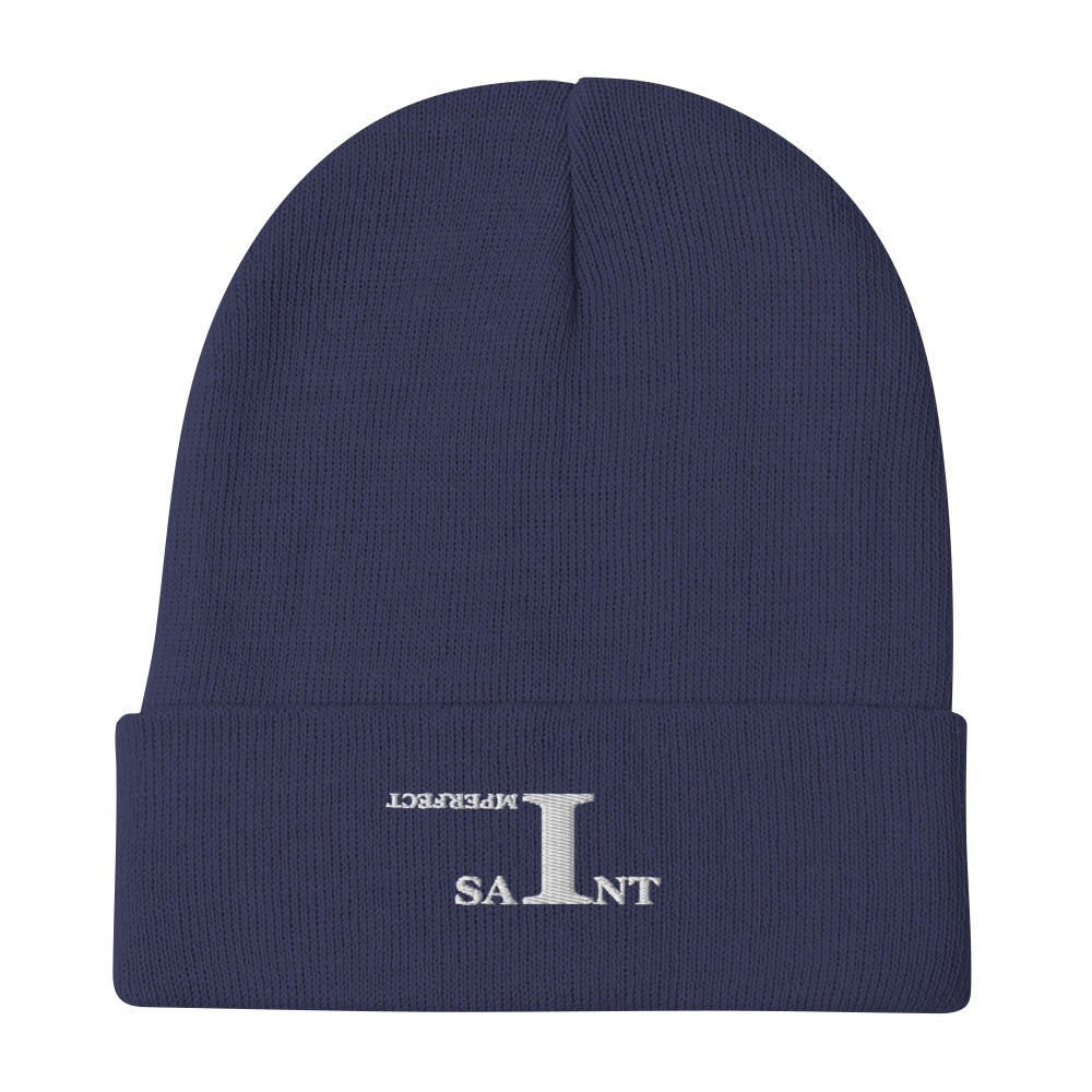 IMPERFECT SAINT Embroidered Beanie WHITE LETTERS