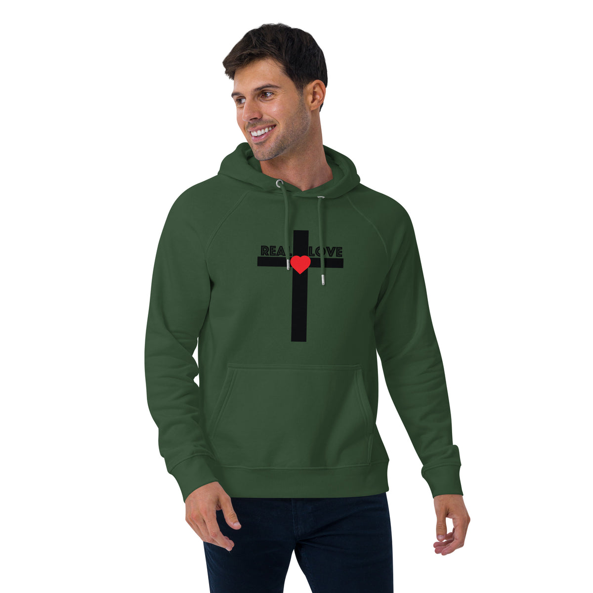REAL LOVE  Unisex eco raglan hoodie BLACK CROSS