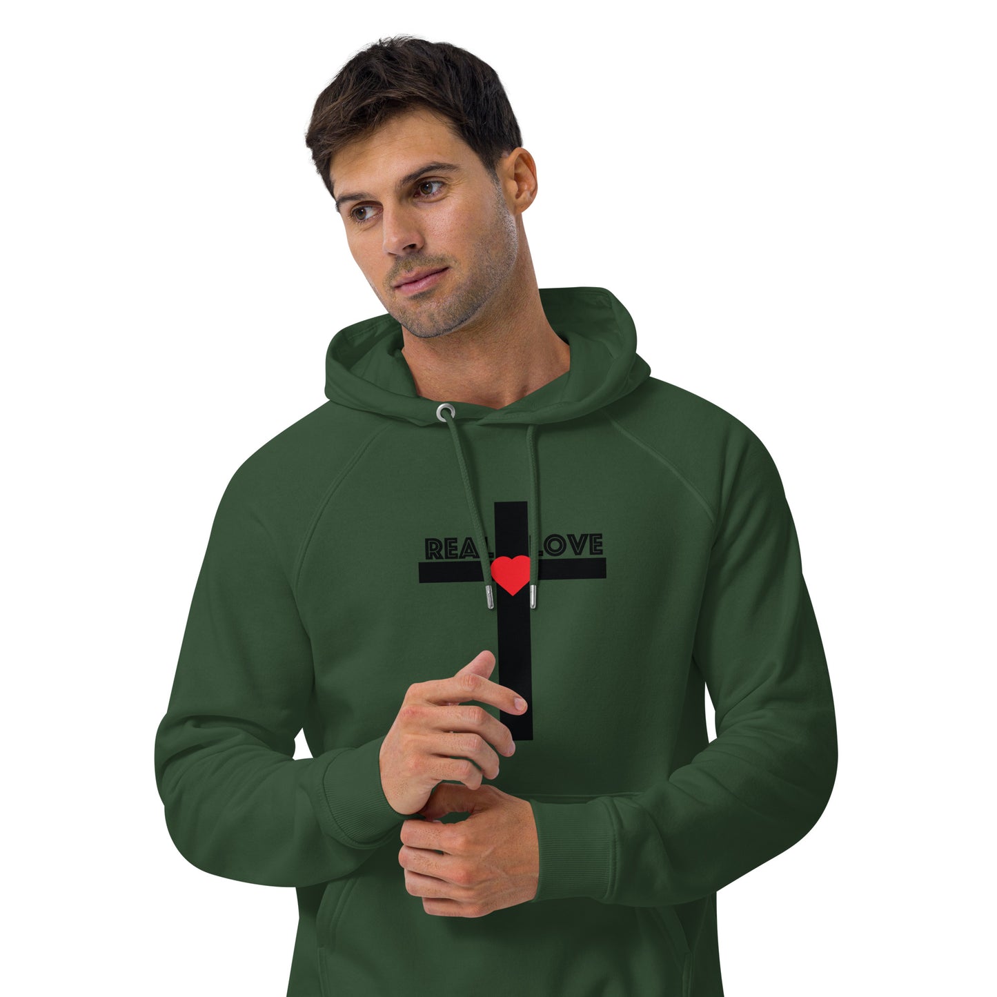 REAL LOVE  Unisex eco raglan hoodie BLACK CROSS