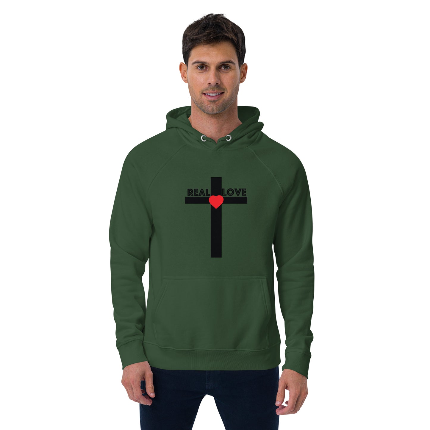 REAL LOVE  Unisex eco raglan hoodie BLACK CROSS