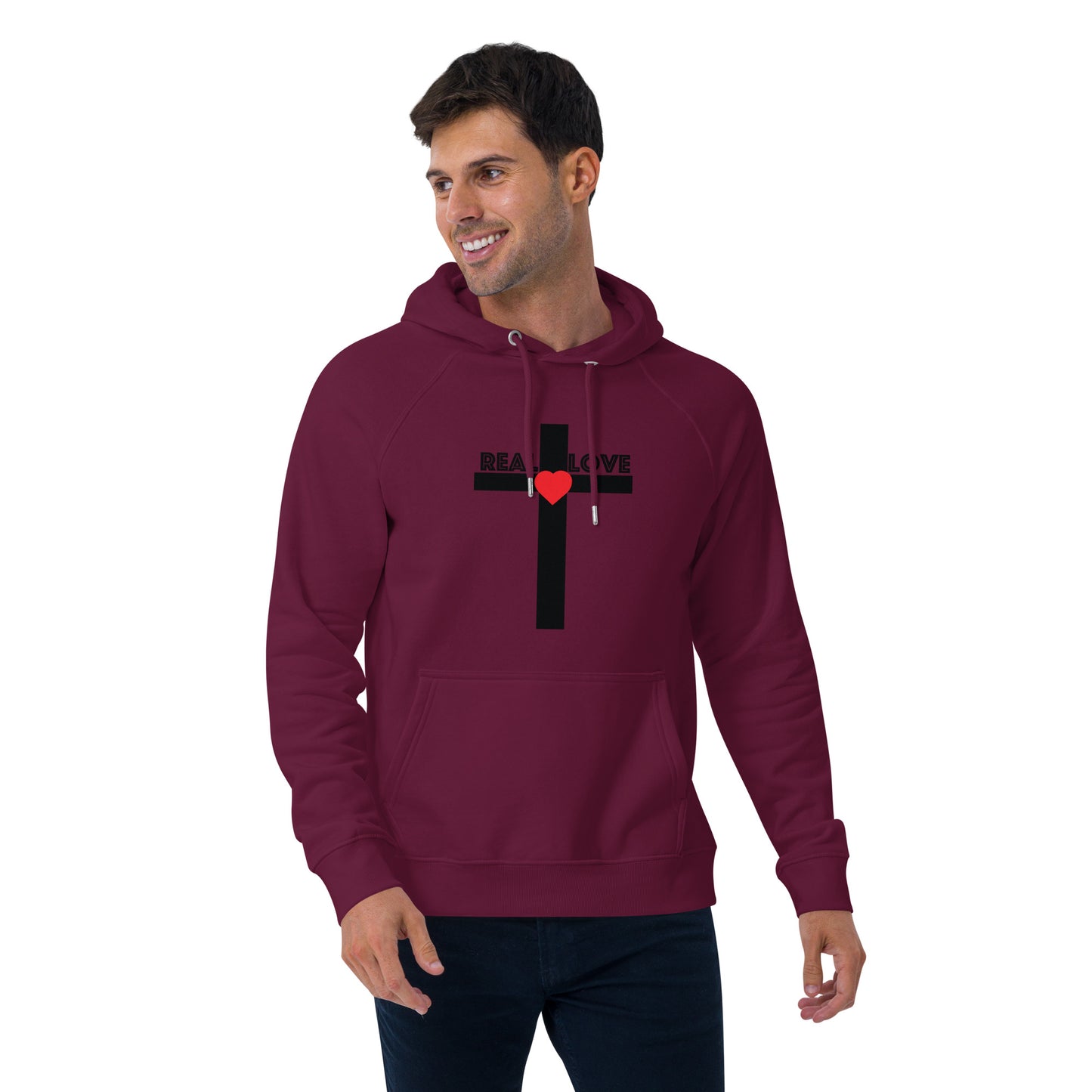 REAL LOVE  Unisex eco raglan hoodie BLACK CROSS