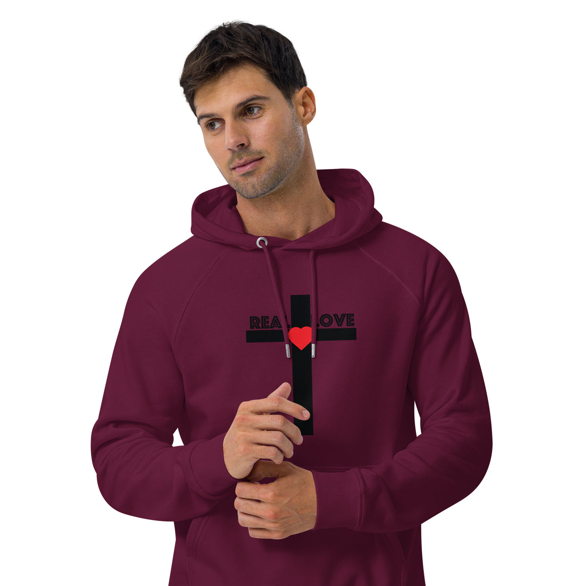 REAL LOVE  Unisex eco raglan hoodie BLACK CROSS
