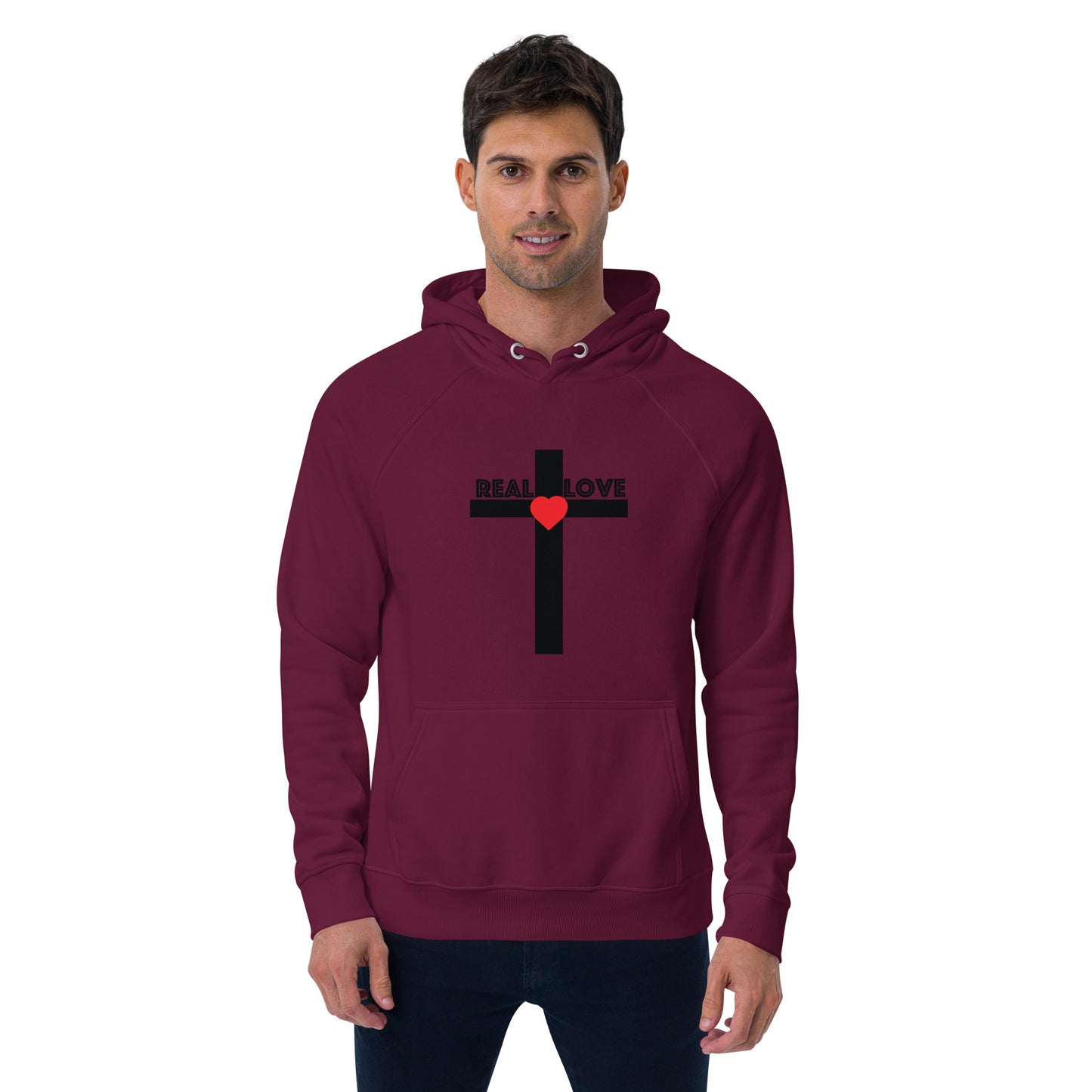 REAL LOVE  Unisex eco raglan hoodie BLACK CROSS