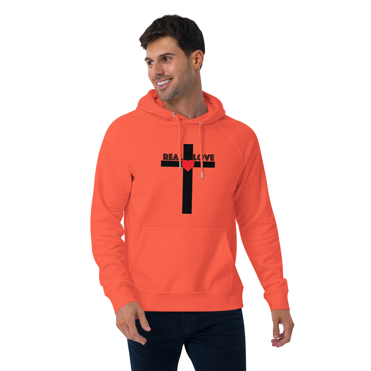 REAL LOVE  Unisex eco raglan hoodie BLACK CROSS