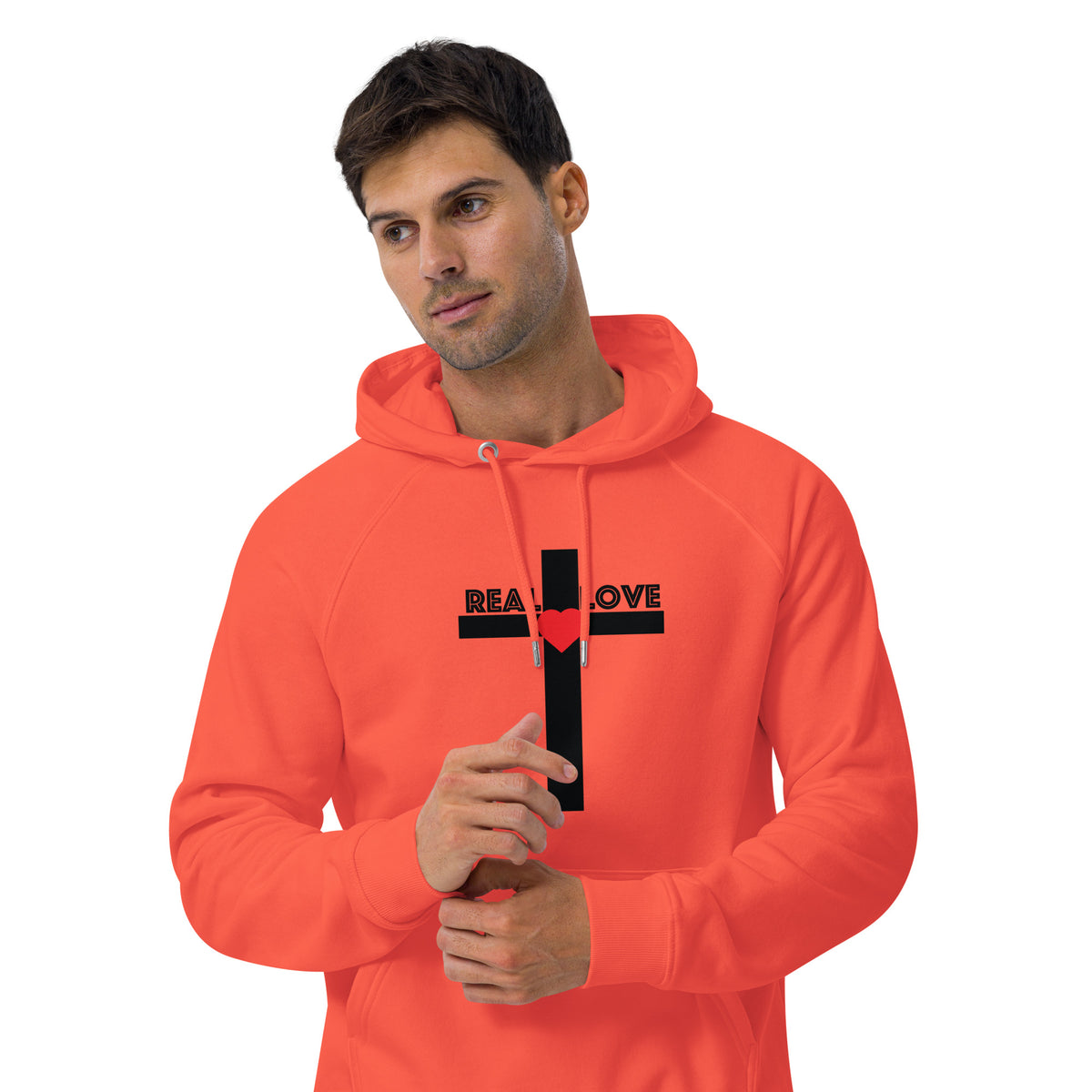 REAL LOVE  Unisex eco raglan hoodie BLACK CROSS
