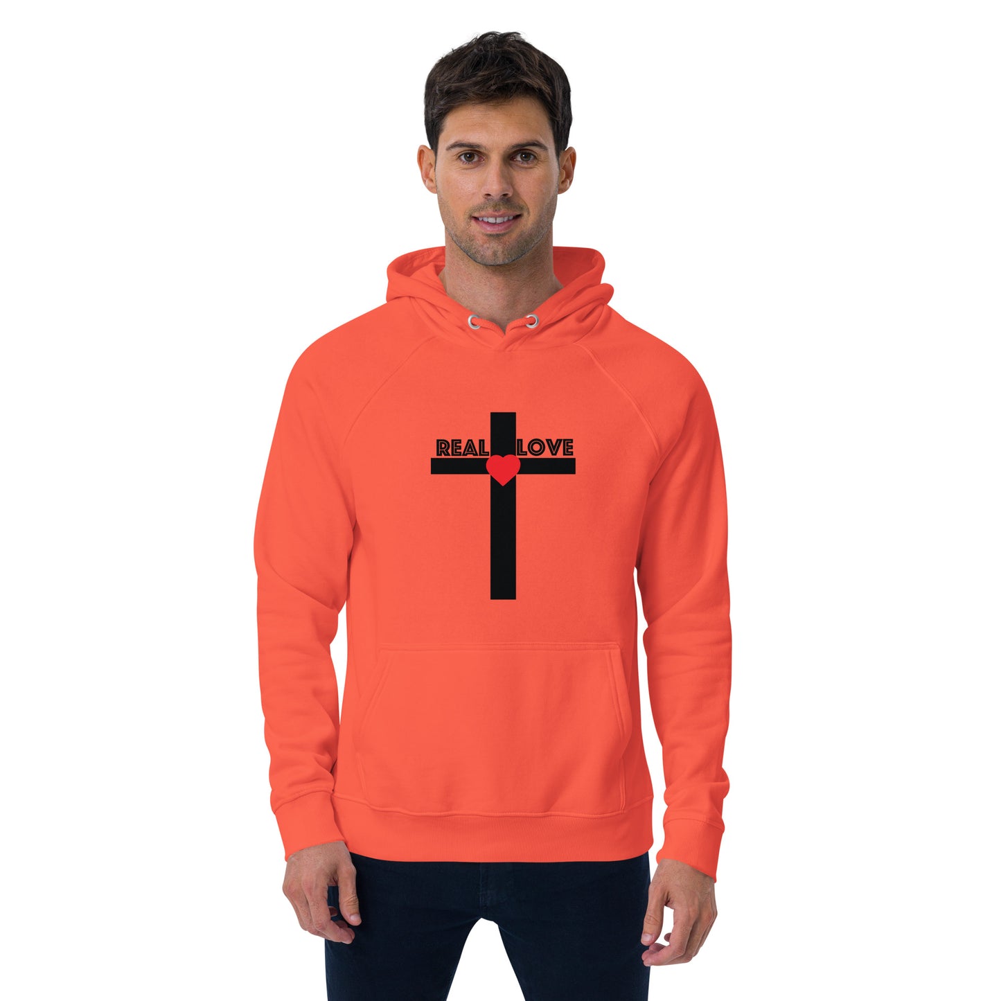 REAL LOVE  Unisex eco raglan hoodie BLACK CROSS