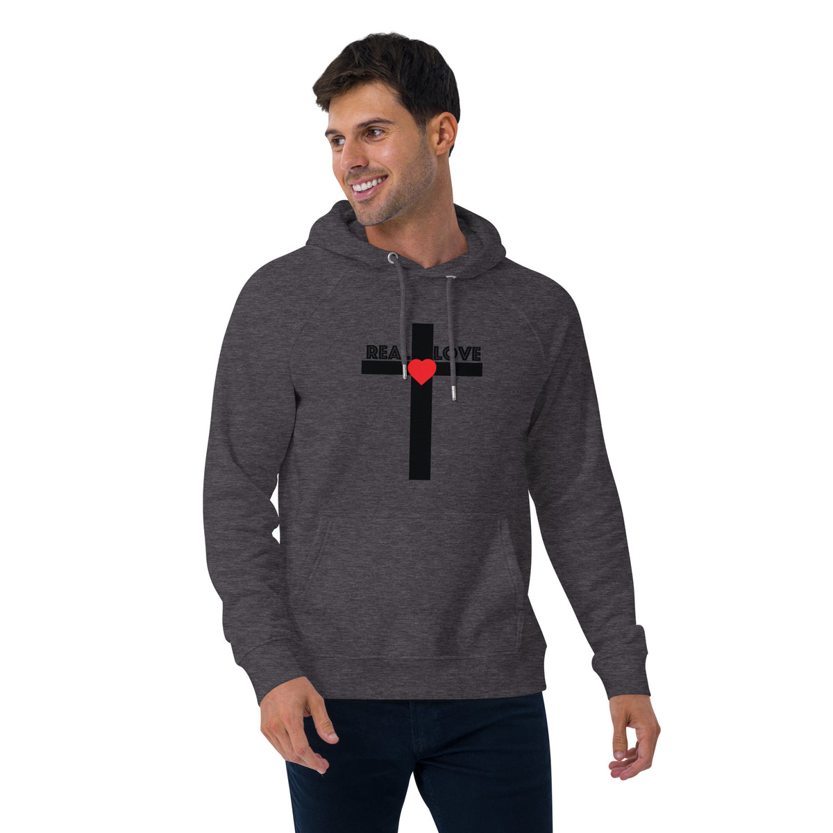 REAL LOVE  Unisex eco raglan hoodie BLACK CROSS