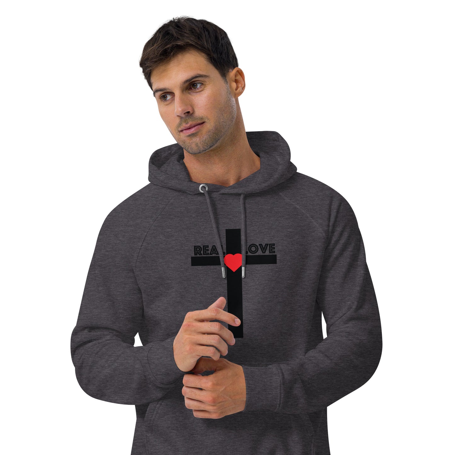 REAL LOVE  Unisex eco raglan hoodie BLACK CROSS
