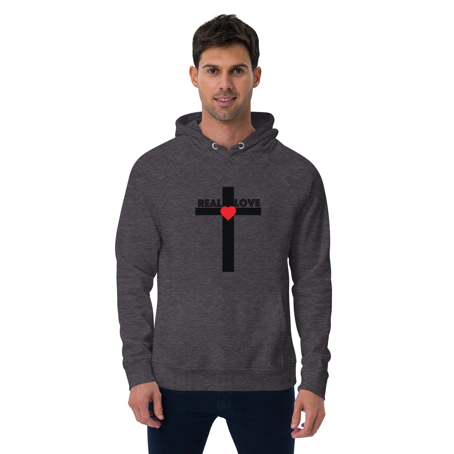 REAL LOVE  Unisex eco raglan hoodie BLACK CROSS