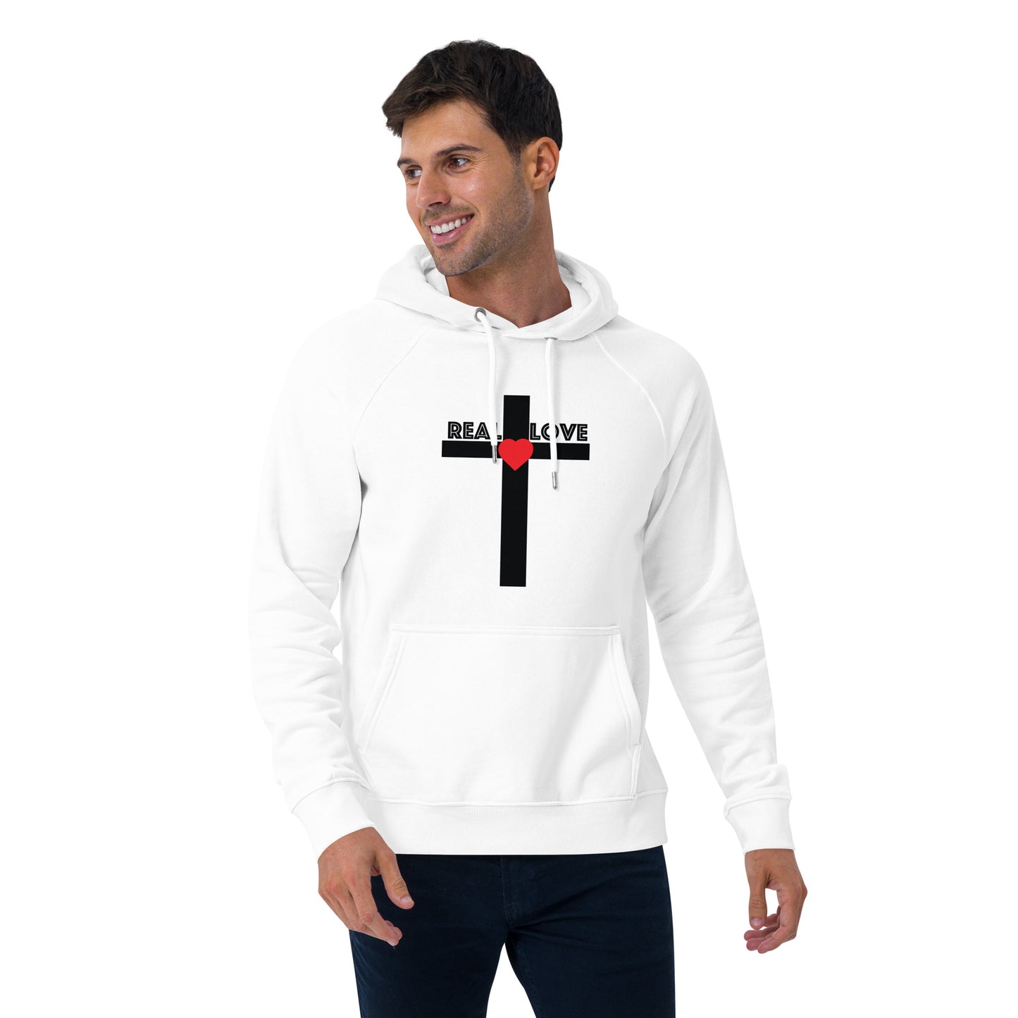 REAL LOVE  Unisex eco raglan hoodie BLACK CROSS