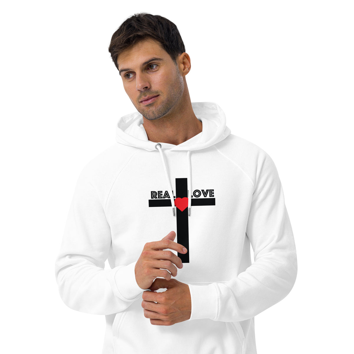 REAL LOVE  Unisex eco raglan hoodie BLACK CROSS