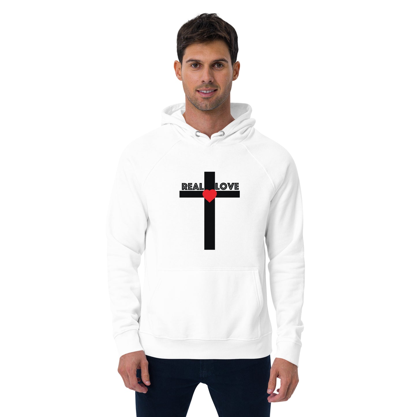 REAL LOVE  Unisex eco raglan hoodie BLACK CROSS