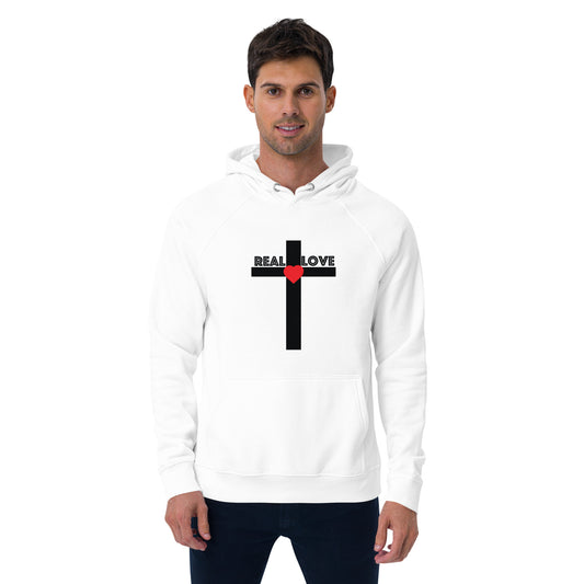 REAL LOVE  Unisex eco raglan hoodie BLACK CROSS