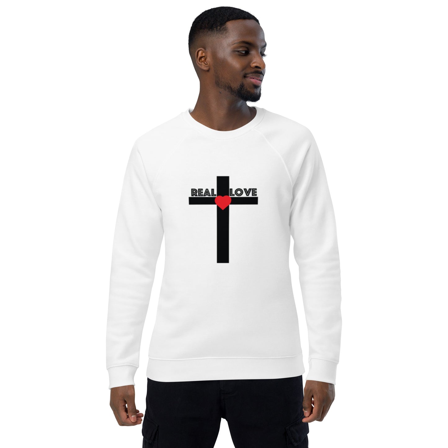 REAL LOVE Unisex organic raglan sweatshirt BLACK STITCH