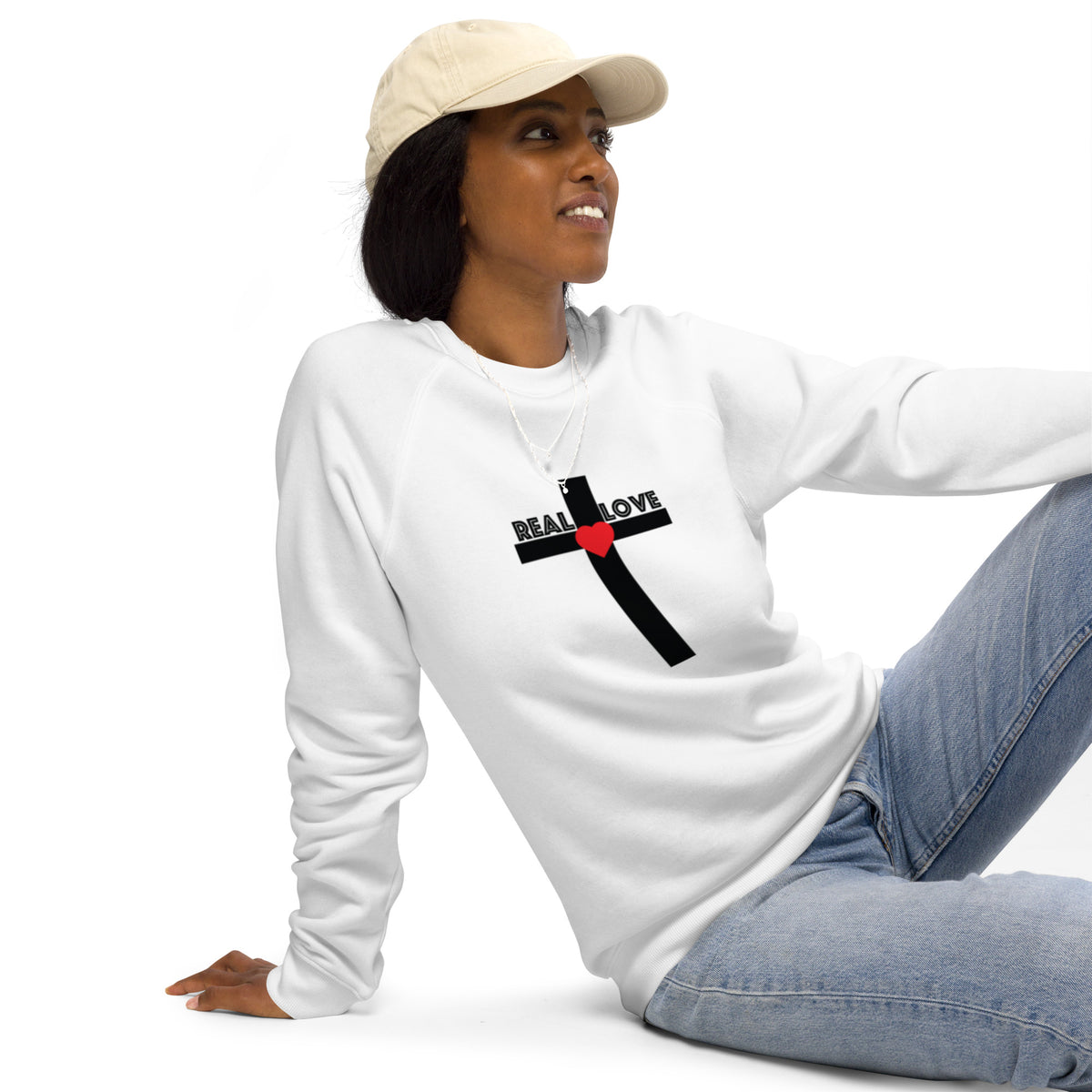 REAL LOVE Unisex organic raglan sweatshirt BLACK STITCH