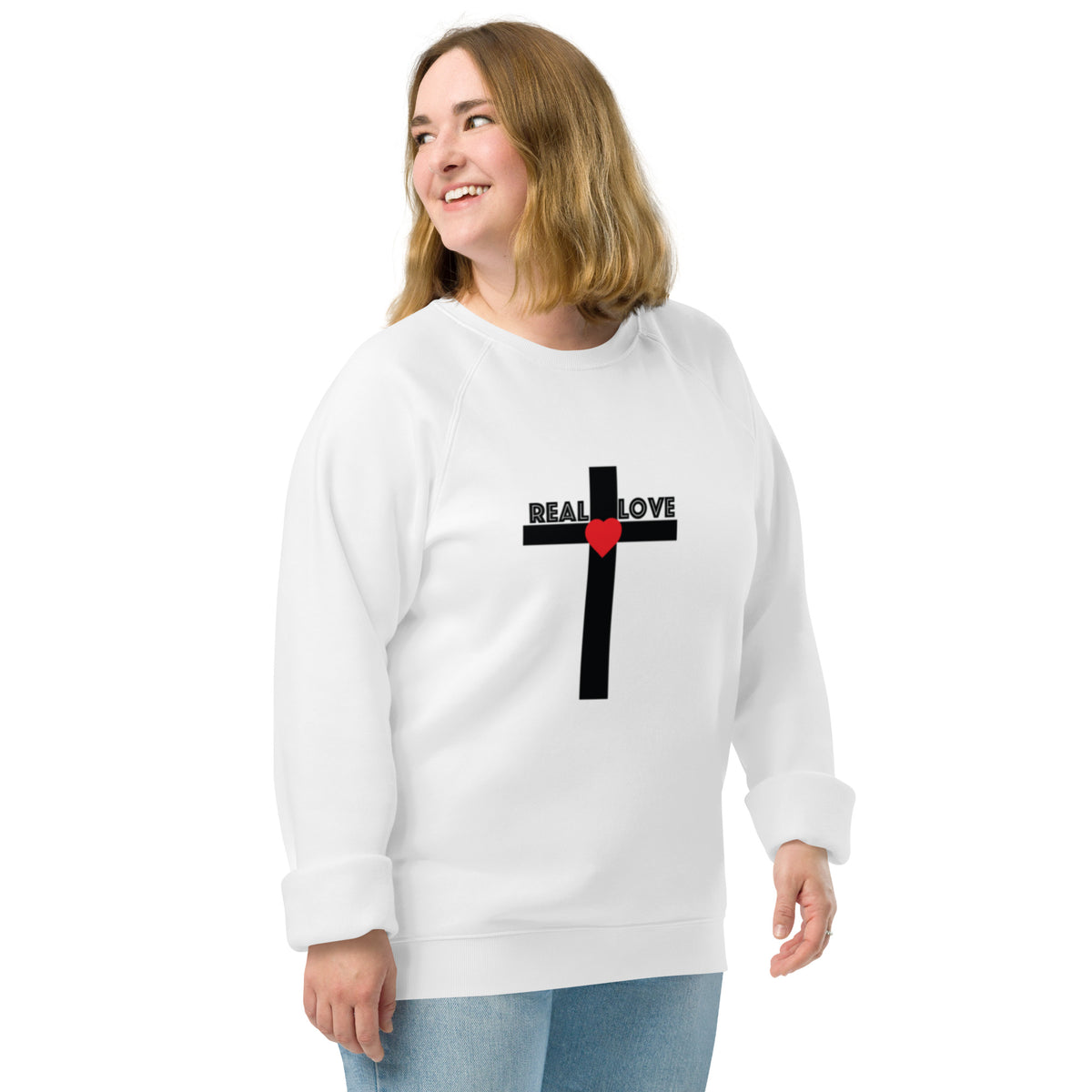 REAL LOVE Unisex organic raglan sweatshirt BLACK STITCH